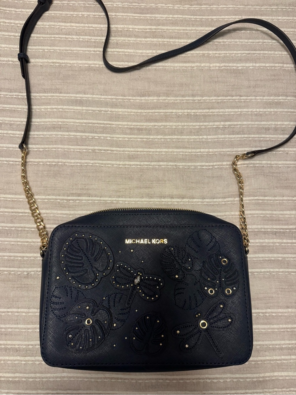 Michael Kors Navy Floral Cutout Crossbody with Gold Chain